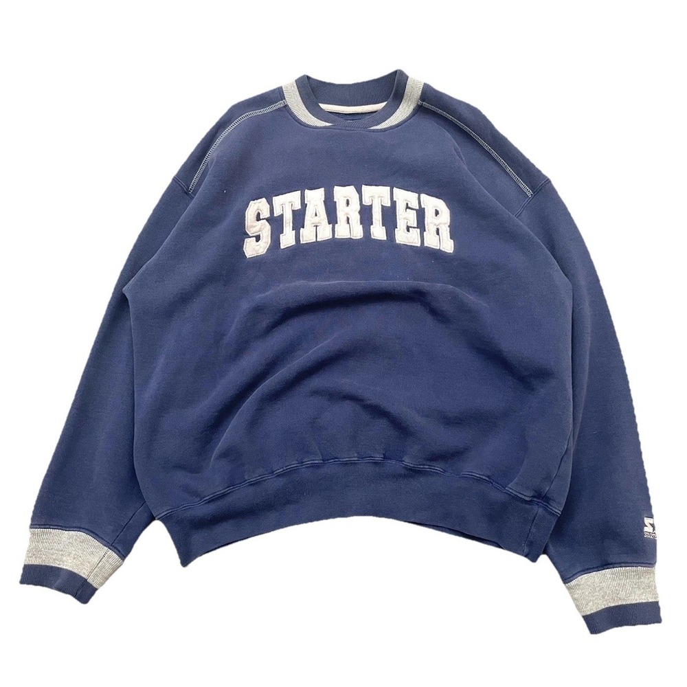 Vintage 90s Starter Spellout‎ Pullover Sweater XL Navy Blue Embroidered